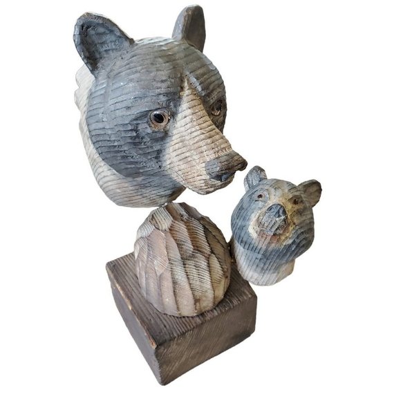 Vintage | Accents | Hand Carved Wood Black Bear And Cub Mounted Lodge ...